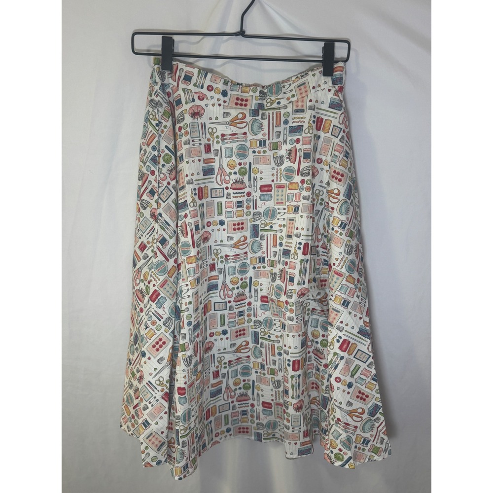 Tulip B Sewing Notions Print Midi Skirt Womens S White Novelty Cottagecore NWOT